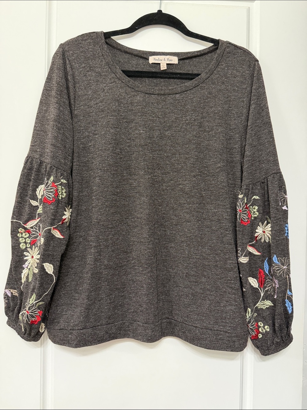Harlow & Rose Charcoal Embroidered Sleeve Women's Top